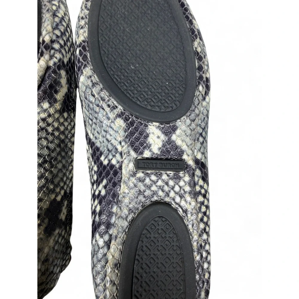 Tory Burch Reva Snakeskin Embossed Leather Ballet Flats Grey Black Logo Flat